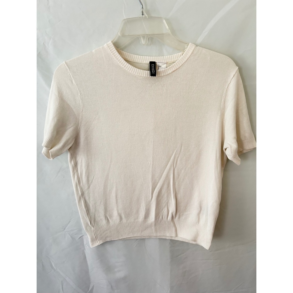 H&M Divided Womens Cream Knit Short Sleeve Crew Neck Sweater Top Size Medium